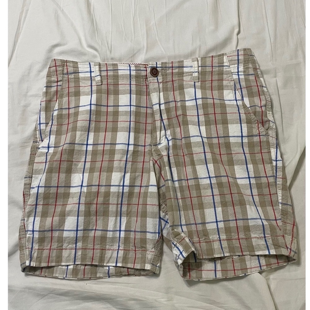 Red Camel Plaid‎ Shorts Mens 35 Tan Blue Red Cotton Check Chino Casual 8in